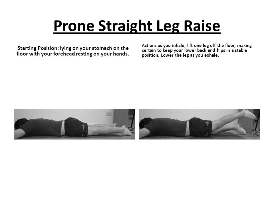 Prone Straight Leg Raise Starting Position: lying on your stomach on the floor with your forehead resting on your hands.