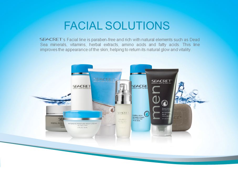 FACIAL SOLUTIONS ’s Facial line is paraben-free and rich with natural elements such as Dead Sea minerals, vitamins, herbal extracts, amino acids and fatty acids.