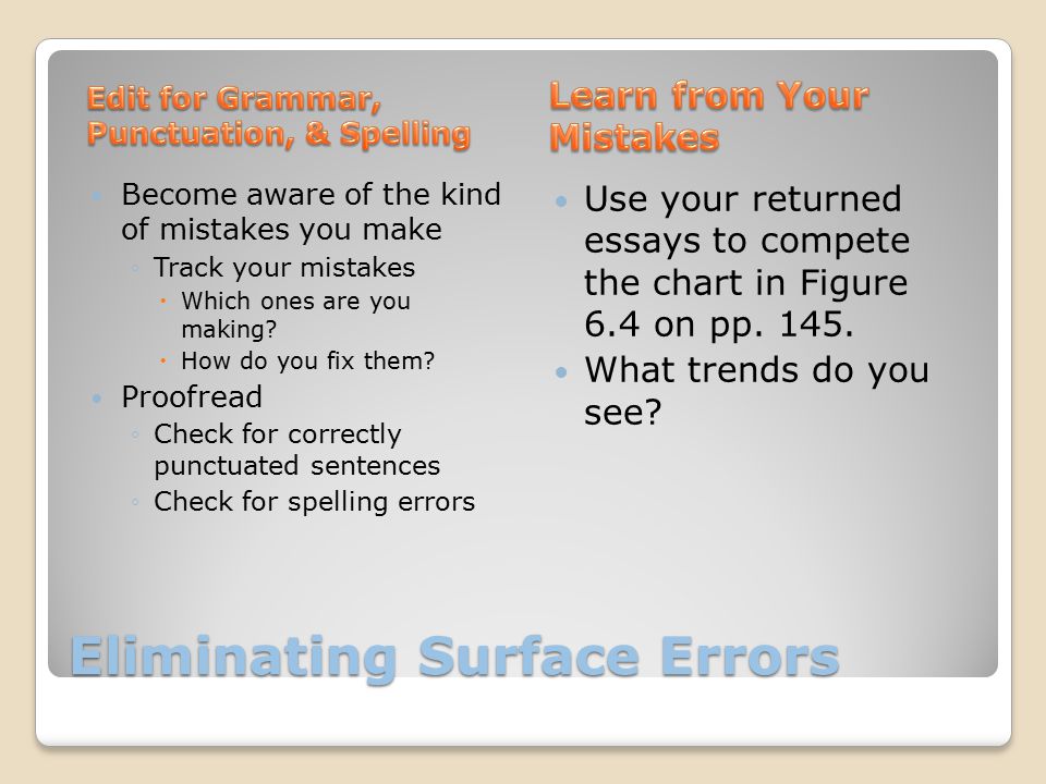 Eliminating Surface Errors Become aware of the kind of mistakes you make ◦Track your mistakes  Which ones are you making.