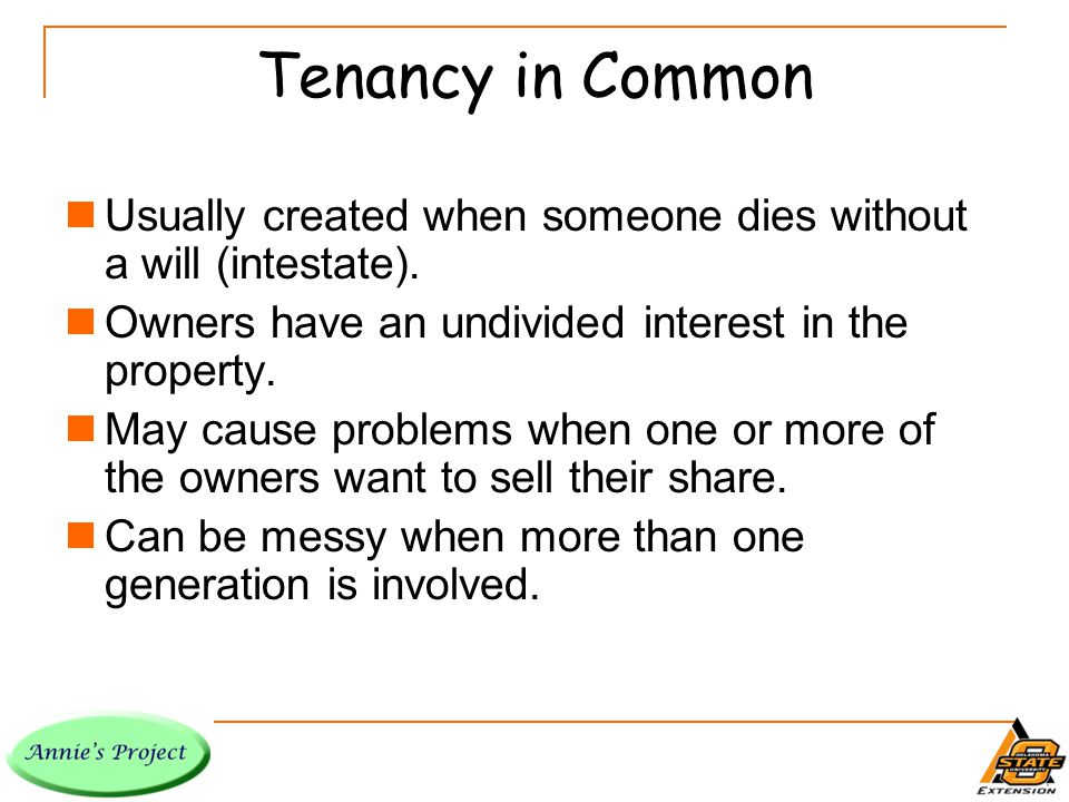 Tenancy in Common Usually created when someone dies without a will (intestate).
