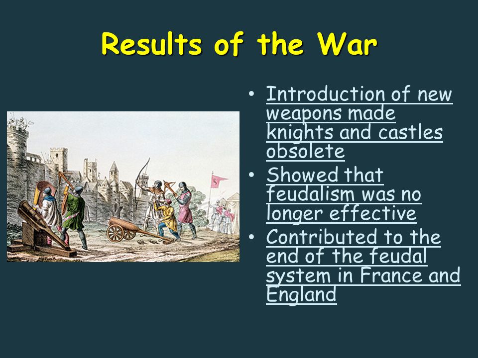 Results of the War Introduction of new weapons made knights and castles obsolete Showed that feudalism was no longer effective Contributed to the end of the feudal system in France and England