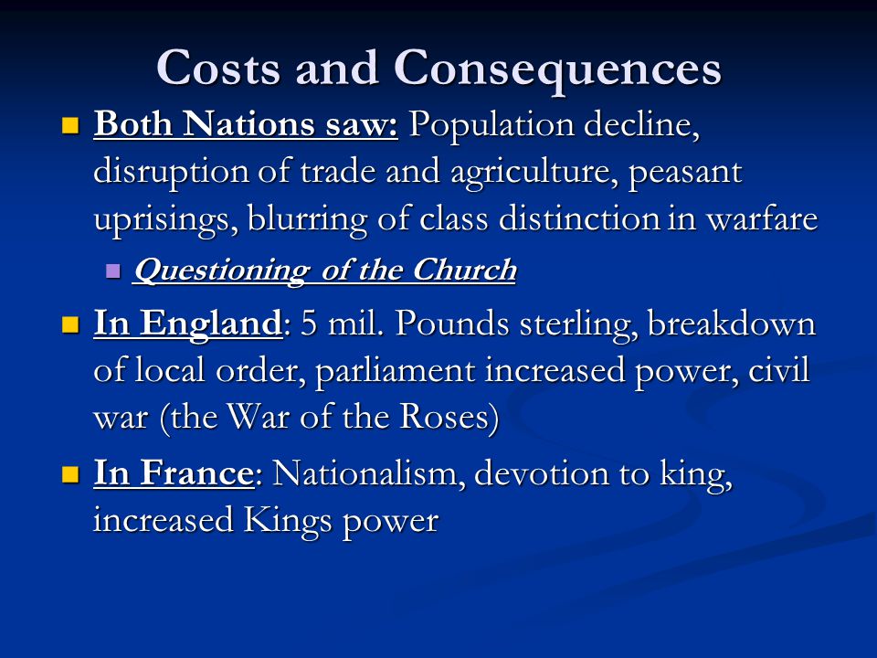 Costs and Consequences Both Nations saw: Population decline, disruption of trade and agriculture, peasant uprisings, blurring of class distinction in warfare Both Nations saw: Population decline, disruption of trade and agriculture, peasant uprisings, blurring of class distinction in warfare Questioning of the Church Questioning of the Church In England: 5 mil.