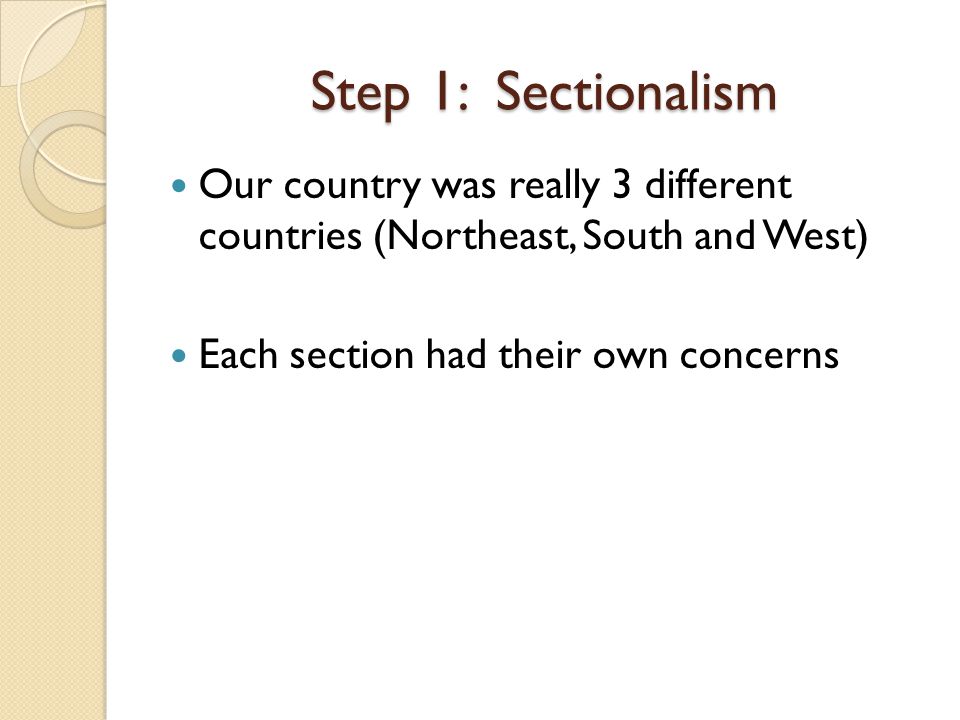 Our country was really 3 different countries (Northeast, South and West) Each section had their own concerns