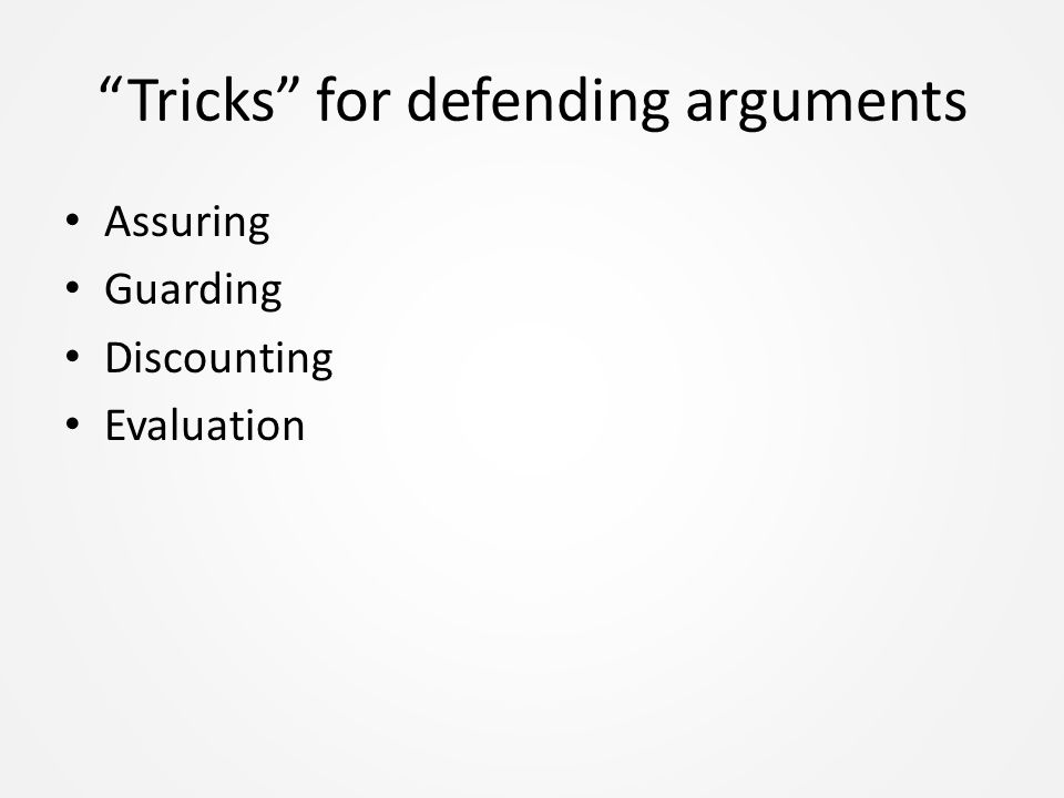 Tricks for defending arguments Assuring Guarding Discounting Evaluation