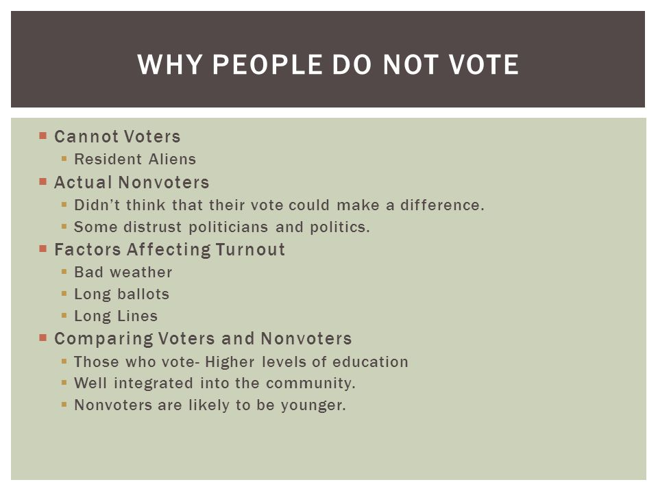  Cannot Voters  Resident Aliens  Actual Nonvoters  Didn’t think that their vote could make a difference.