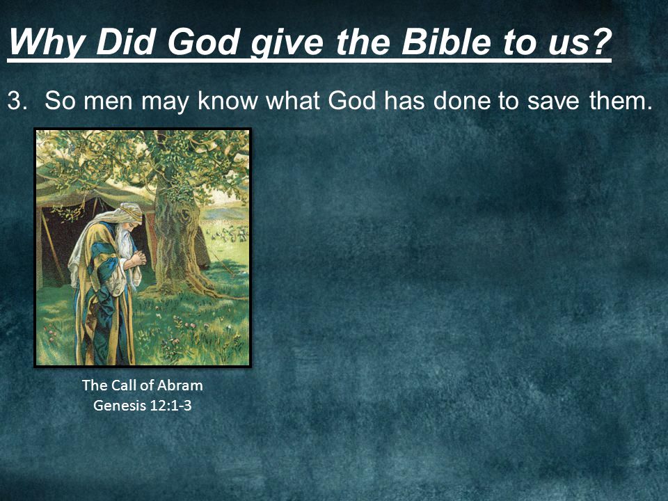 Why Did God give the Bible to us. 3.So men may know what God has done to save them.