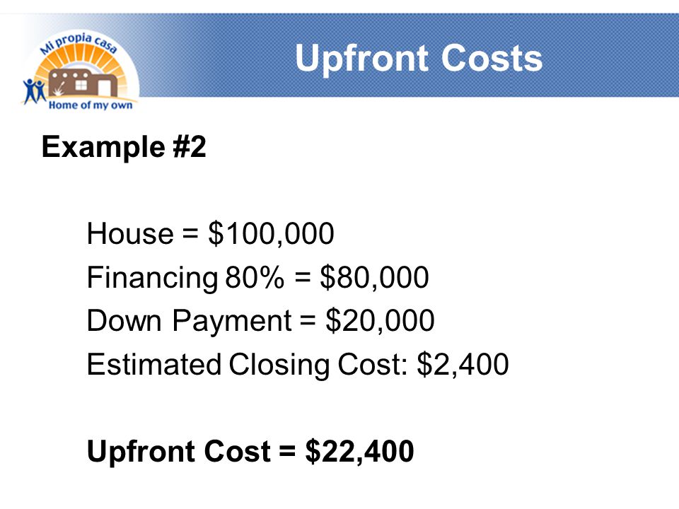 Upfront Costs Example #2 House = $100,000 Financing 80% = $80,000 Down Payment = $20,000 Estimated Closing Cost: $2,400 Upfront Cost = $22,400