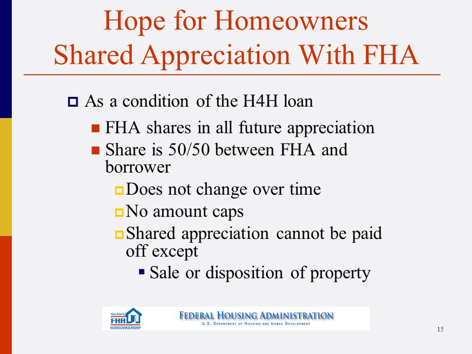 Hope for Homeowners Shared Appreciation With FHA  As a condition of the H4H loan FHA shares in all future appreciation Share is 50/50 between FHA and borrower  Does not change over time  No amount caps  Shared appreciation cannot be paid off except  Sale or disposition of property 15