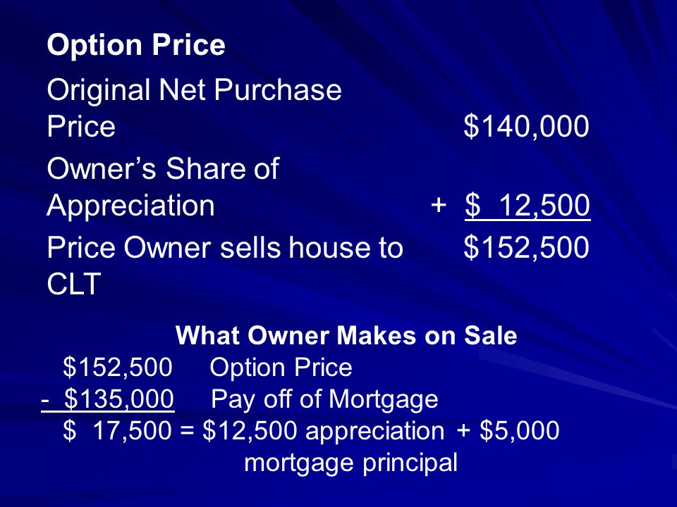 Option Price Original Net Purchase Price $140,000 Owner’s Share of Appreciation+ $ 12,500 Price Owner sells house to CLT $152,500 What Owner Makes on Sale $152,500 Option Price - $135,000 Pay off of Mortgage $ 17,500 = $12,500 appreciation + $5,000 mortgage principal