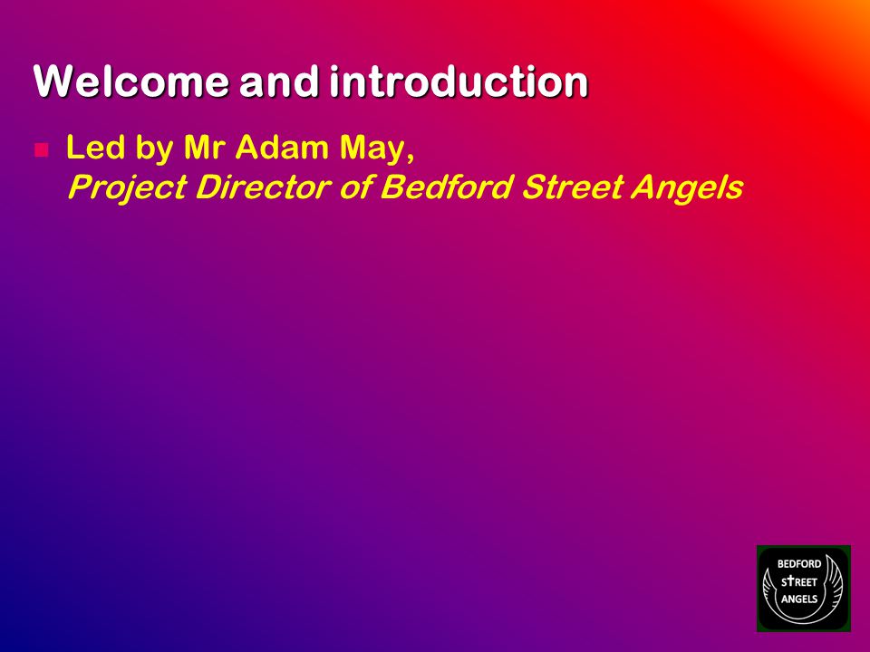 Welcome and introduction Led by Mr Adam May, Project Director of Bedford Street Angels