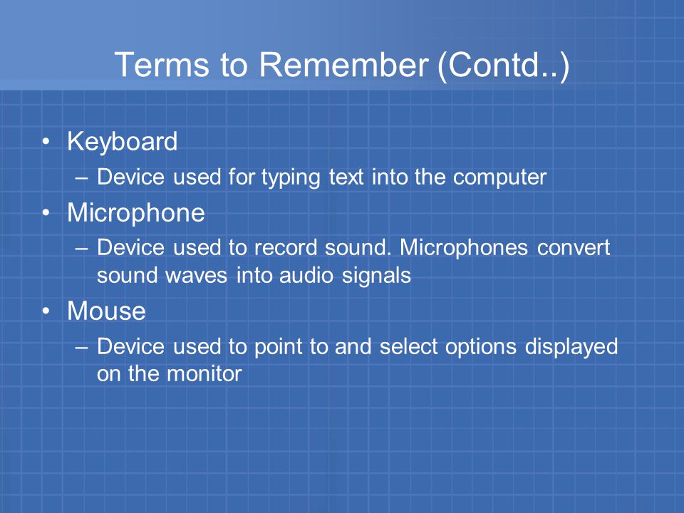 Terms to Remember (Contd..) Keyboard –Device used for typing text into the computer Microphone –Device used to record sound.