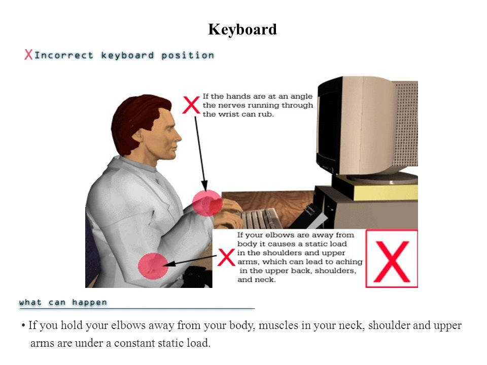 Keyboard If you hold your elbows away from your body, muscles in your neck, shoulder and upper arms are under a constant static load.