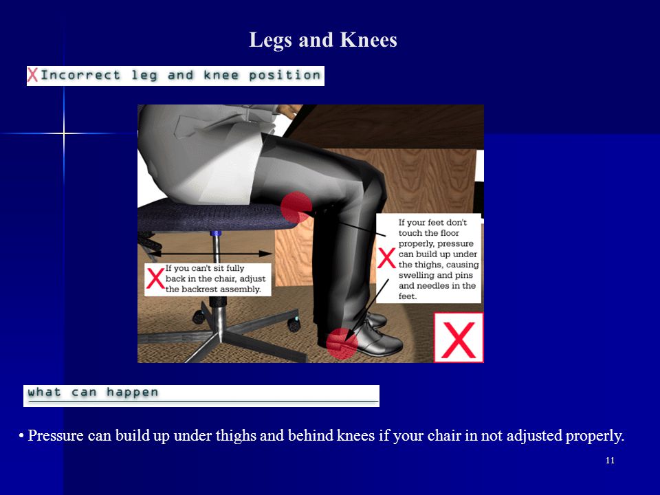 11 Legs and Knees Pressure can build up under thighs and behind knees if your chair in not adjusted properly.