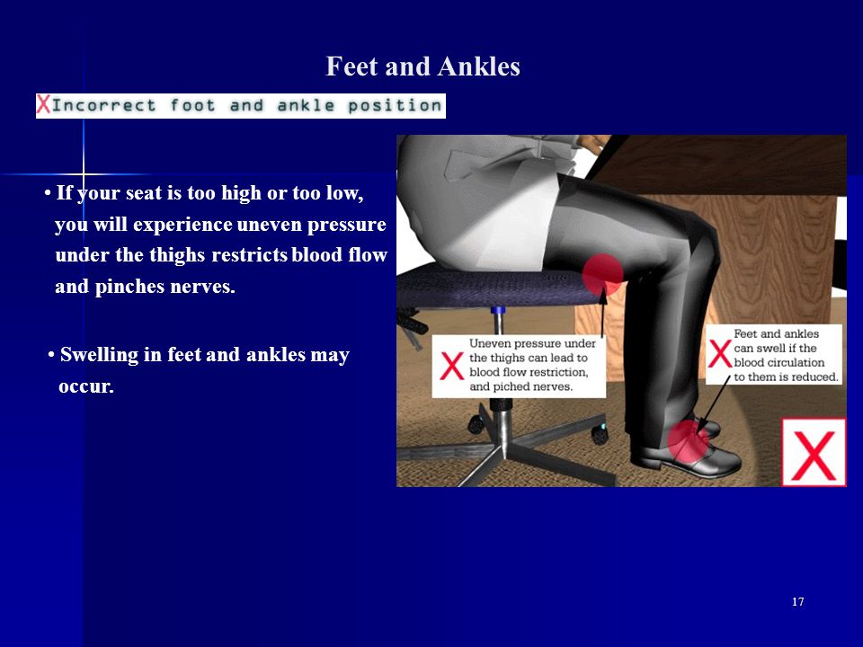 17 Feet and Ankles If your seat is too high or too low, you will experience uneven pressure under the thighs restricts blood flow and pinches nerves.