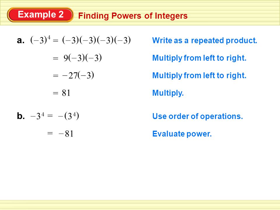 Example 2 Finding Powers of Integers a. () 4) 4 3 – Write as a repeated product.