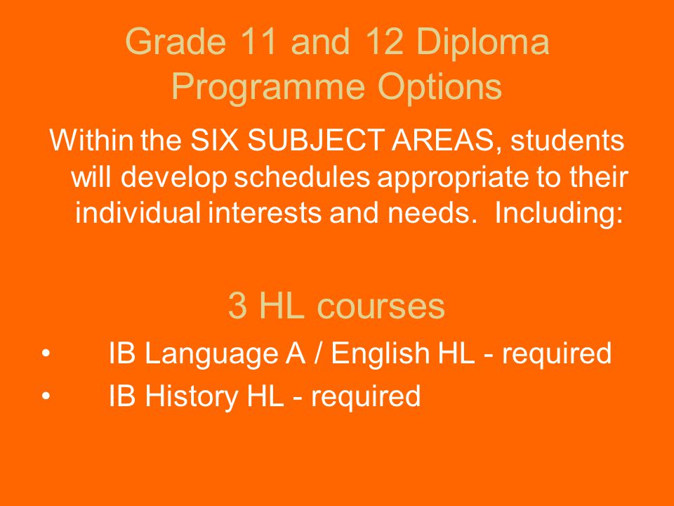 Grade 11 and 12 Diploma Programme Options Within the SIX SUBJECT AREAS, students will develop schedules appropriate to their individual interests and needs.