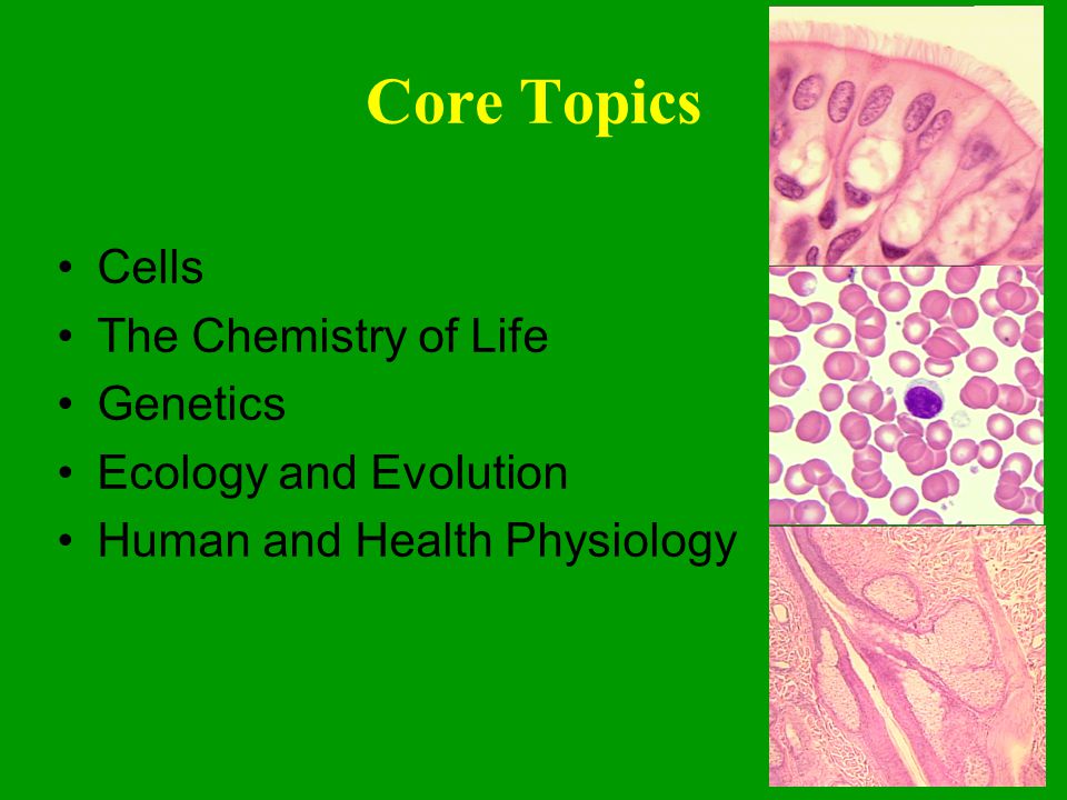 Core Topics Cells The Chemistry of Life Genetics Ecology and Evolution Human and Health Physiology
