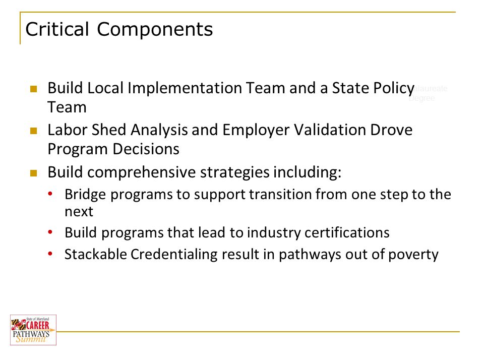 Baccalaureate Degree Critical Components Build Local Implementation Team and a State Policy Team Labor Shed Analysis and Employer Validation Drove Program Decisions Build comprehensive strategies including: Bridge programs to support transition from one step to the next Build programs that lead to industry certifications Stackable Credentialing result in pathways out of poverty