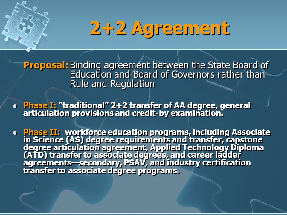 2+2 Agreement Proposal:Binding agreement between the State Board of Education and Board of Governors rather than Rule and Regulation Phase I: traditional 2+2 transfer of AA degree, general articulation provisions and credit-by examination.