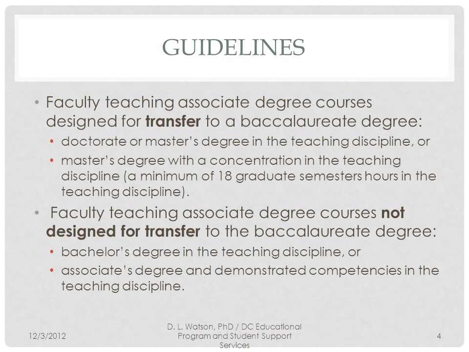 GUIDELINES Faculty teaching associate degree courses designed for transfer to a baccalaureate degree: doctorate or master’s degree in the teaching discipline, or master’s degree with a concentration in the teaching discipline (a minimum of 18 graduate semesters hours in the teaching discipline).
