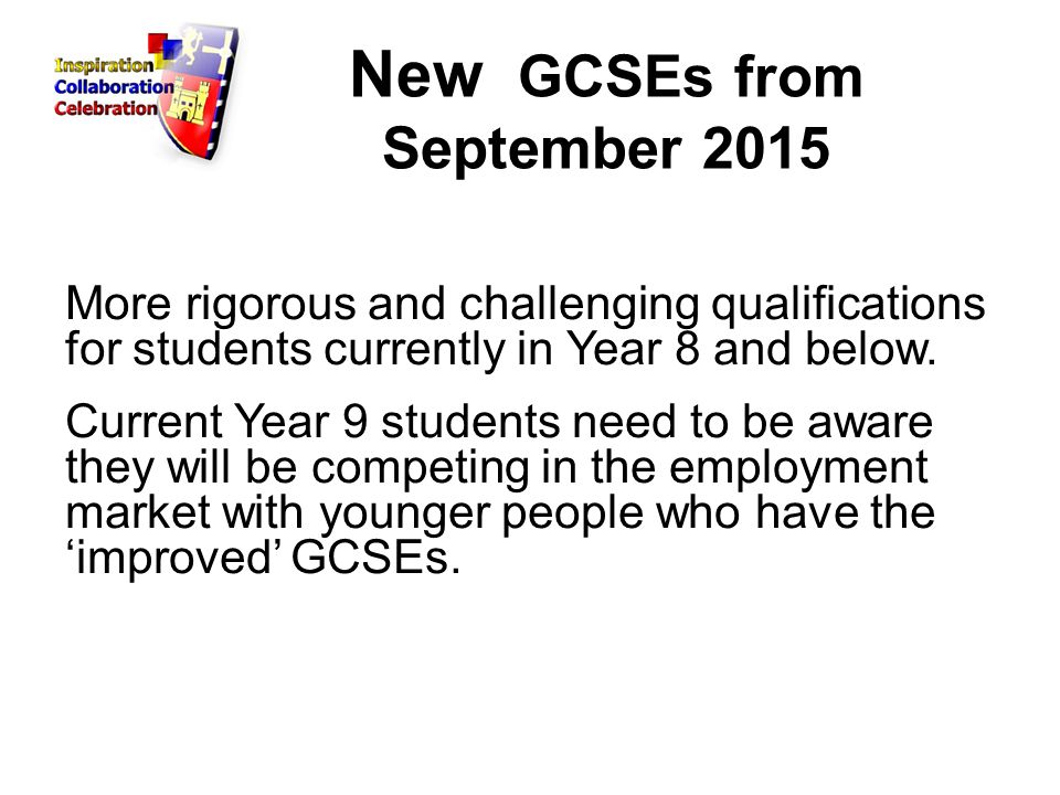 New GCSEs from September 2015 More rigorous and challenging qualifications for students currently in Year 8 and below.