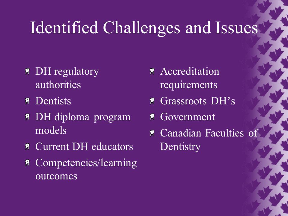 Identified Challenges and Issues DH regulatory authorities Dentists DH diploma program models Current DH educators Competencies/learning outcomes Accreditation requirements Grassroots DH’s Government Canadian Faculties of Dentistry