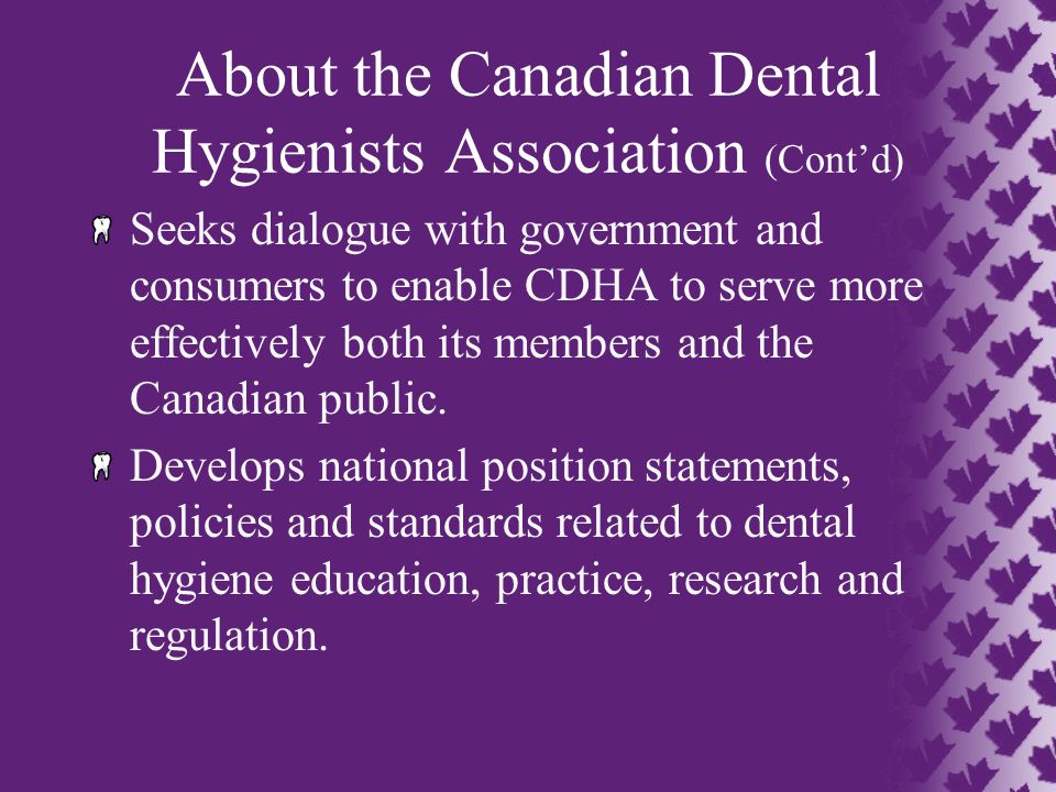 About the Canadian Dental Hygienists Association (Cont’d) Seeks dialogue with government and consumers to enable CDHA to serve more effectively both its members and the Canadian public.