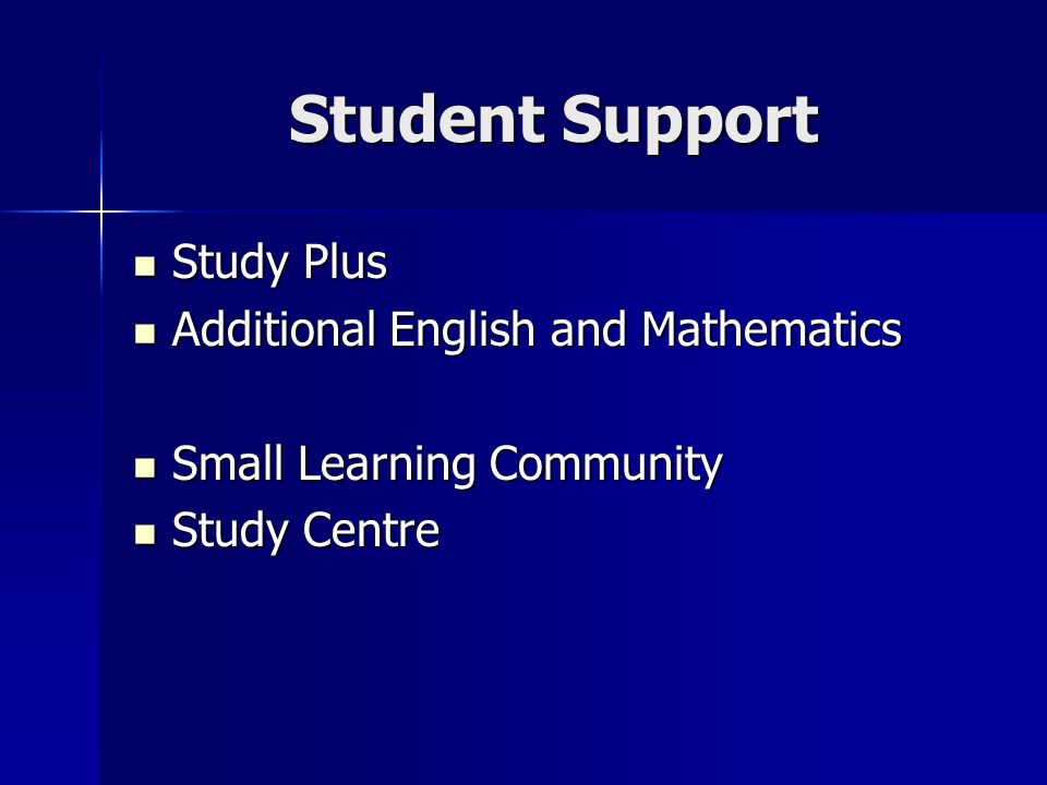 Student Support Study Plus Study Plus Additional English and Mathematics Additional English and Mathematics Small Learning Community Small Learning Community Study Centre Study Centre