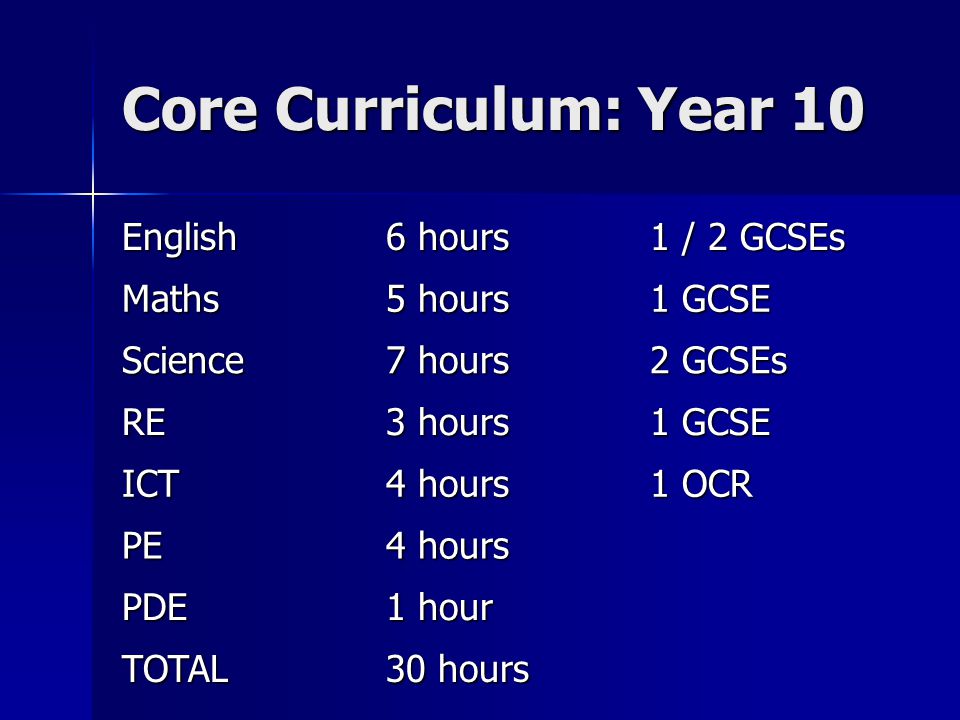 Core Curriculum: Year 10 English 6 hours 1 / 2 GCSEs Maths 5 hours 1 GCSE Science 7 hours 2 GCSEs RE 3 hours 1 GCSE ICT 4 hours 1 OCR PE 4 hours PDE 1 hour TOTAL 30 hours