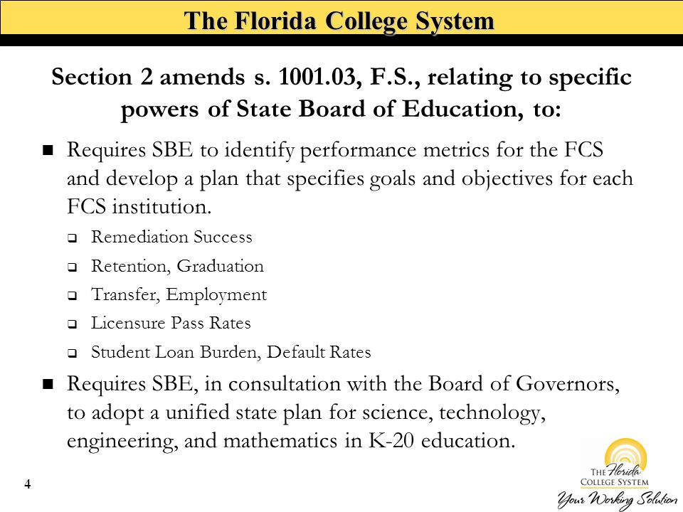 The Florida College System Requires SBE to identify performance metrics for the FCS and develop a plan that specifies goals and objectives for each FCS institution.