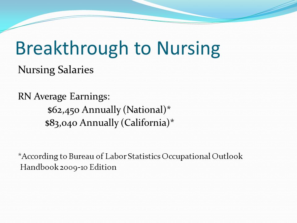 Breakthrough to Nursing Nursing Salaries RN Average Earnings: $62,450 Annually (National)* $83,040 Annually (California)* *According to Bureau of Labor Statistics Occupational Outlook Handbook Edition
