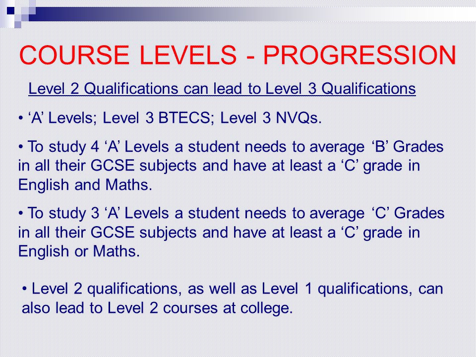 COURSE LEVELS - PROGRESSION Level 2 Qualifications can lead to Level 3 Qualifications ‘A’ Levels; Level 3 BTECS; Level 3 NVQs.