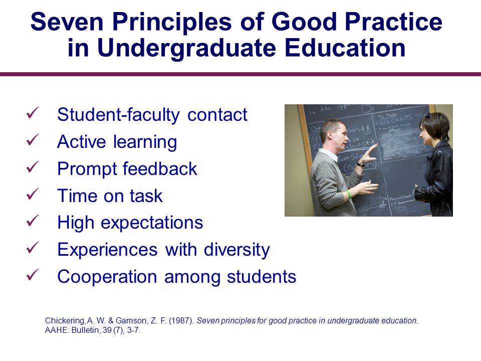 Seven Principles of Good Practice in Undergraduate Education Student-faculty contact Active learning Prompt feedback Time on task High expectations Experiences with diversity Cooperation among students Chickering, A.