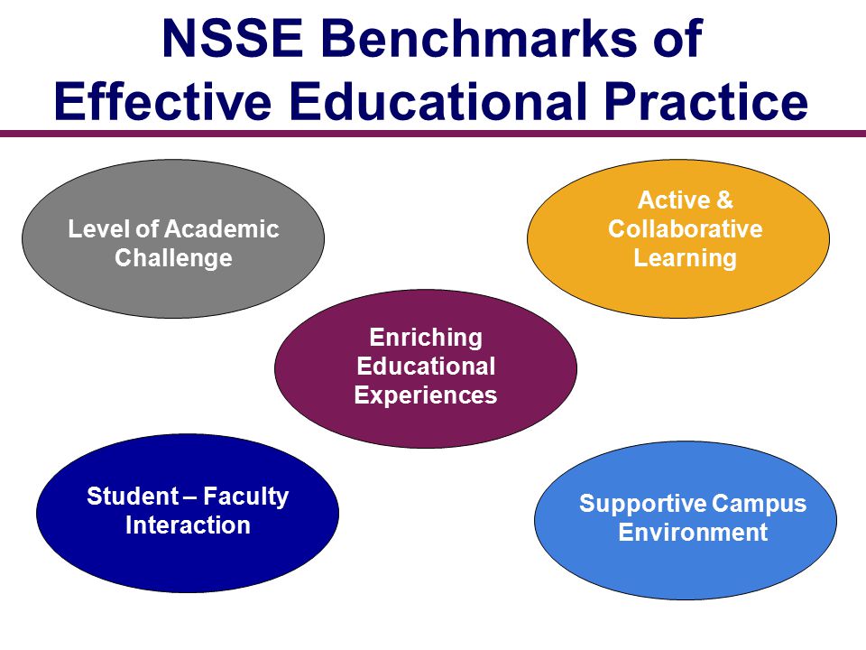 NSSE Benchmarks of Effective Educational Practice Active & Collaborative Learning Enriching Educational Experiences Student – Faculty Interaction Supportive Campus Environment Level of Academic Challenge