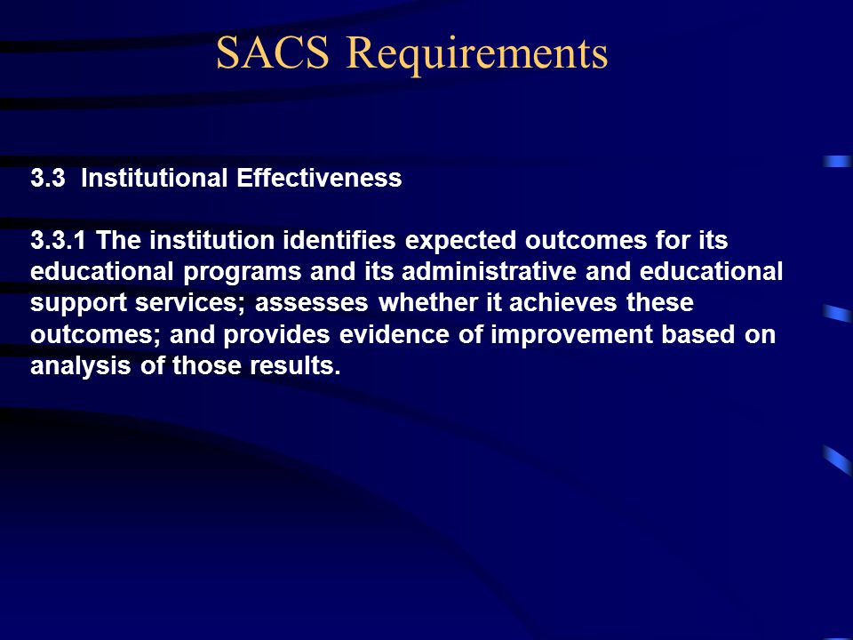 3.3 Institutional Effectiveness The institution identifies expected outcomes for its educational programs and its administrative and educational support services; assesses whether it achieves these outcomes; and provides evidence of improvement based on analysis of those results.