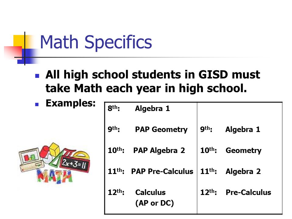 Math Specifics All high school students in GISD must take Math each year in high school.