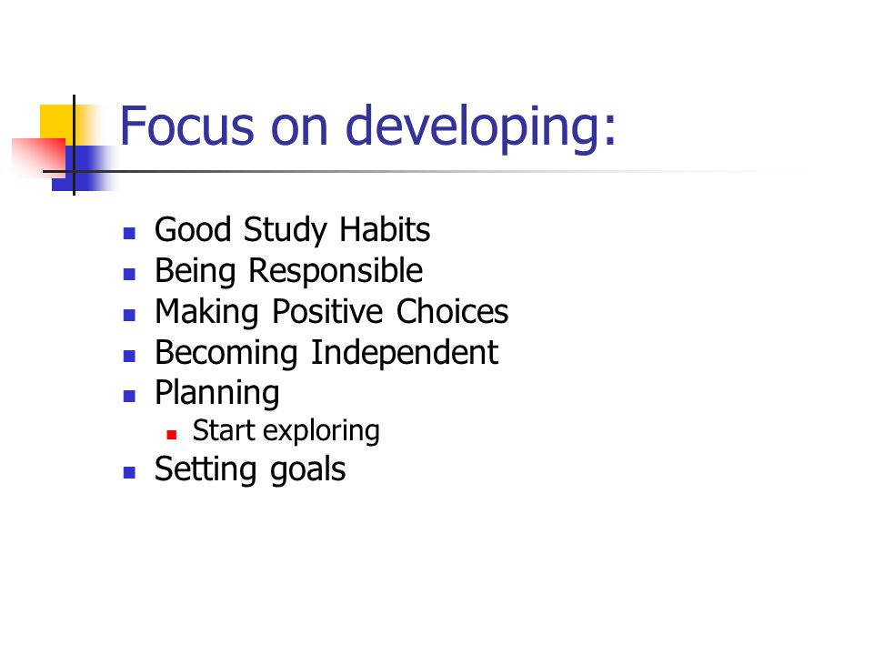 Focus on developing: Good Study Habits Being Responsible Making Positive Choices Becoming Independent Planning Start exploring Setting goals