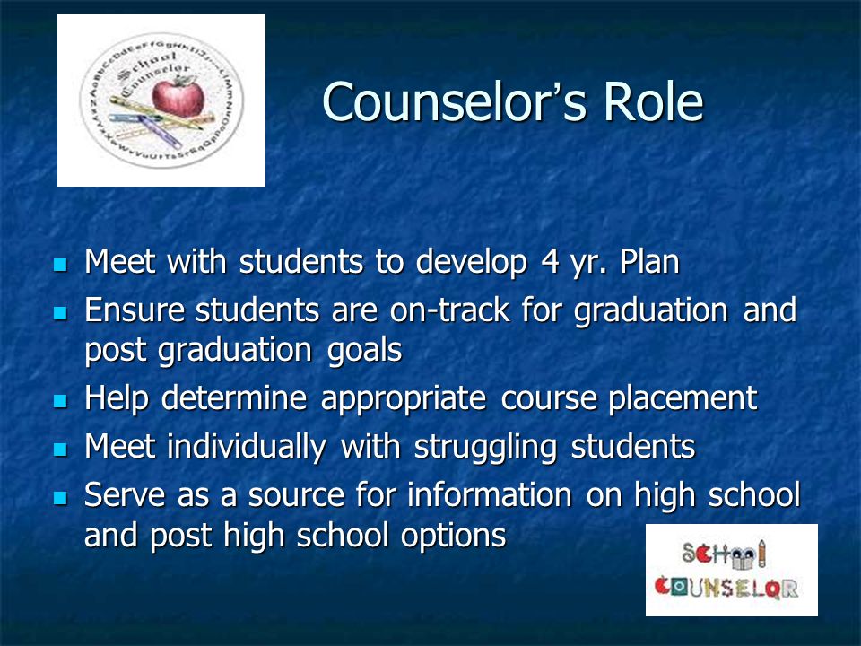 Counselor ’ s Role Counselor ’ s Role Meet with students to develop 4 yr.