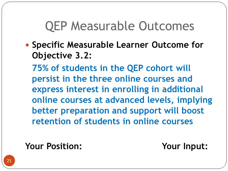 20 Specific Measurable Outcome for Objective 3.1: The QEP Budget will be approved as adequate by SACSCOC during the March 2-4, 2011 site visit based on comparisons with institutions of similar type/size doing similar QEP topics.