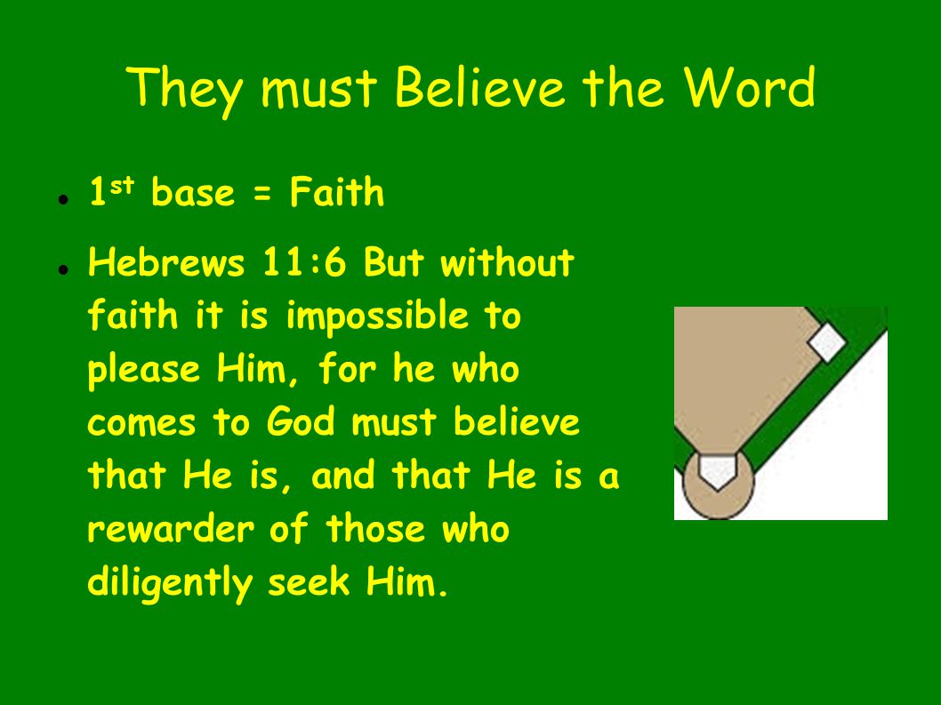 They must Believe the Word 1 st base = Faith Hebrews 11:6 But without faith it is impossible to please Him, for he who comes to God must believe that He is, and that He is a rewarder of those who diligently seek Him.