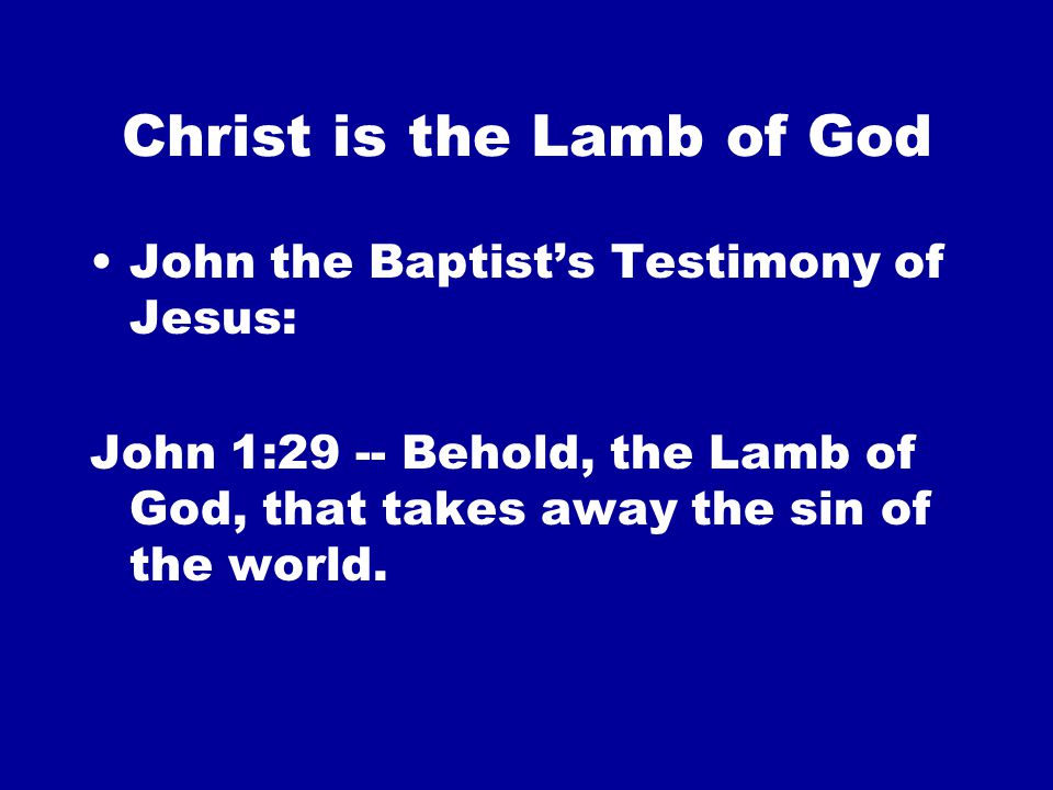 Christ is the Lamb of God John the Baptist’s Testimony of Jesus: John 1:29 -- Behold, the Lamb of God, that takes away the sin of the world.