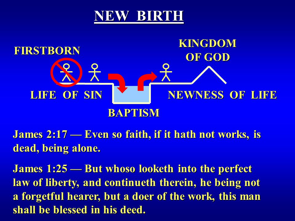 FIRSTBORN FIRSTBORN BAPTISM NEW BIRTH KINGDOM OF GOD LIFE OF SIN NEWNESS OF LIFE James 2:17 — Even so faith, if it hath not works, is dead, being alone.