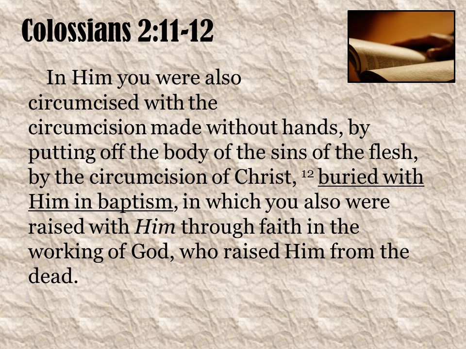 Colossians 2:11-12 In Him you were also circumcised with the circumcision made without hands, by putting off the body of the sins of the flesh, by the circumcision of Christ, 12 buried with Him in baptism, in which you also were raised with Him through faith in the working of God, who raised Him from the dead.