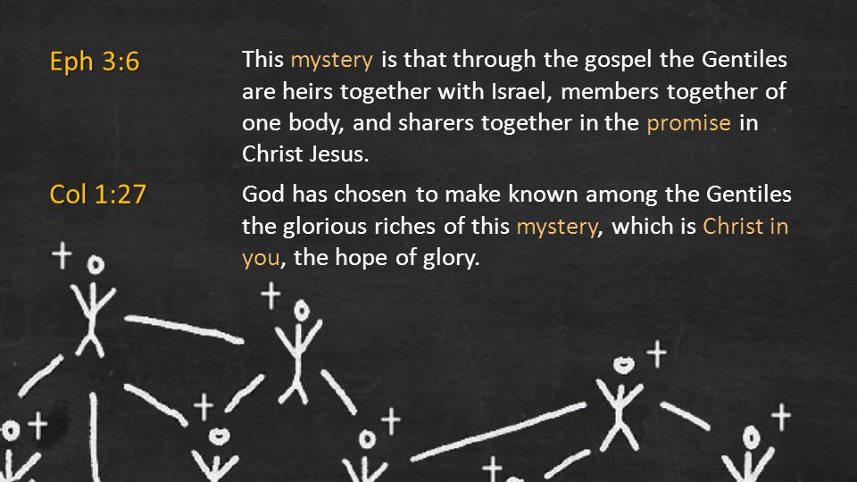 This mystery is that through the gospel the Gentiles are heirs together with Israel, members together of one body, and sharers together in the promise in Christ Jesus.
