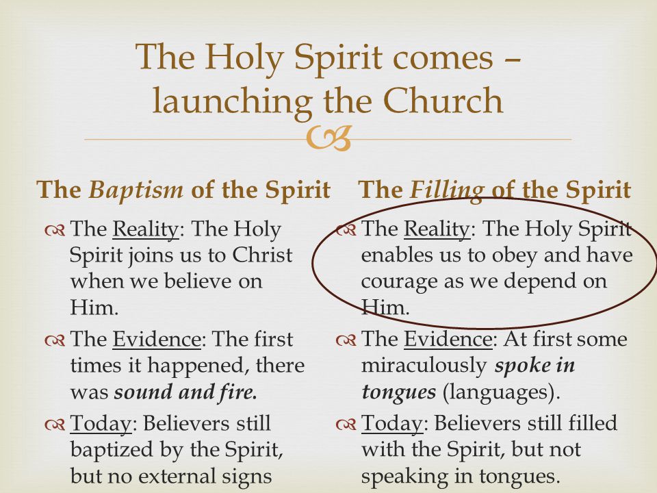  The Holy Spirit comes – launching the Church The Baptism of the Spirit  The Reality: The Holy Spirit joins us to Christ when we believe on Him.