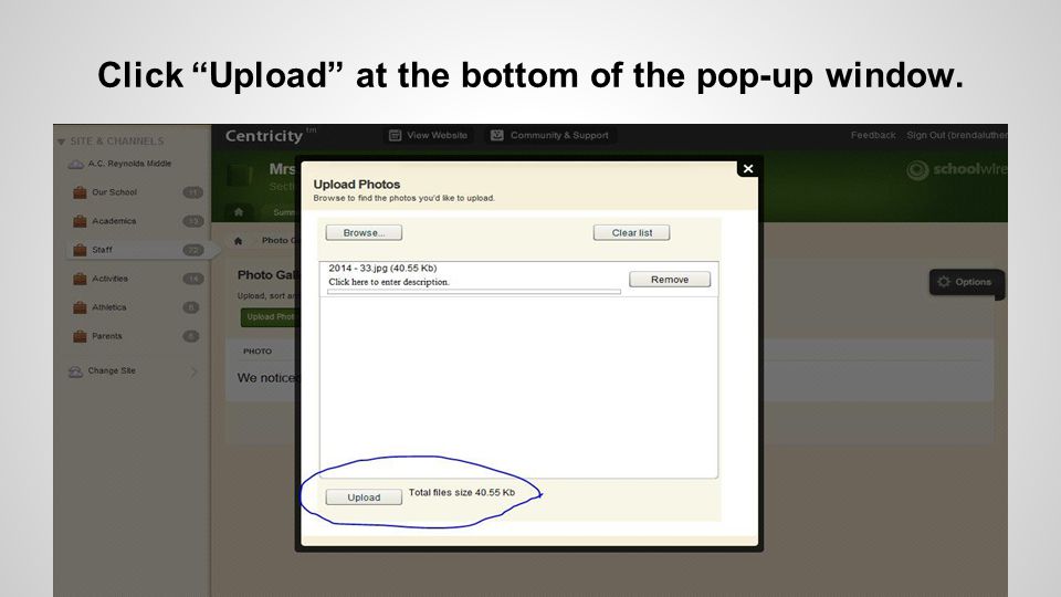 Click Upload at the bottom of the pop-up window.