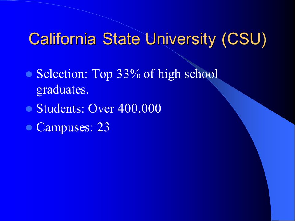 The Four Systems of Higher Education in California  California State University (CSU)  University of California (UC)  Private and Independent Colleges  Community Colleges