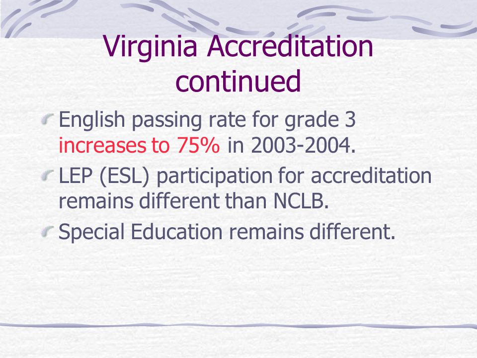 Virginia Accreditation continued Provisional accreditation phases out in 2004: schools will meet the 70% pass rates or be Accredited with Warning Graduation in June, 2004 will require 6 verified credits: English RLR, Writing, four elective verified credits.