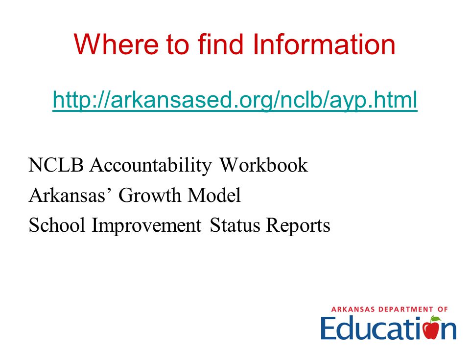 Where to find Information   NCLB Accountability Workbook Arkansas’ Growth Model School Improvement Status Reports