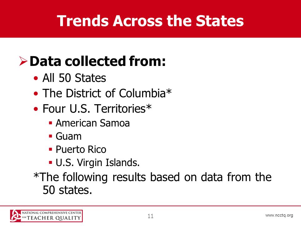 11 Trends Across the States  Data collected from: All 50 States The District of Columbia* Four U.S.